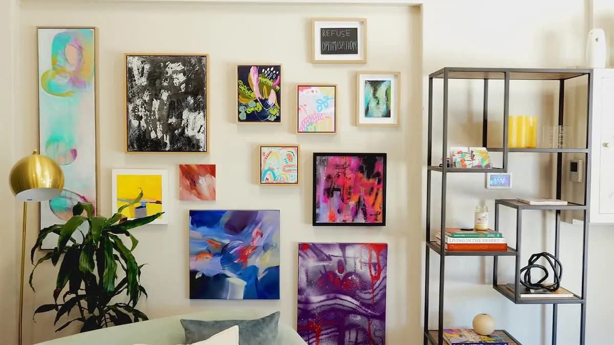 Gallery wall and shelving inside the office